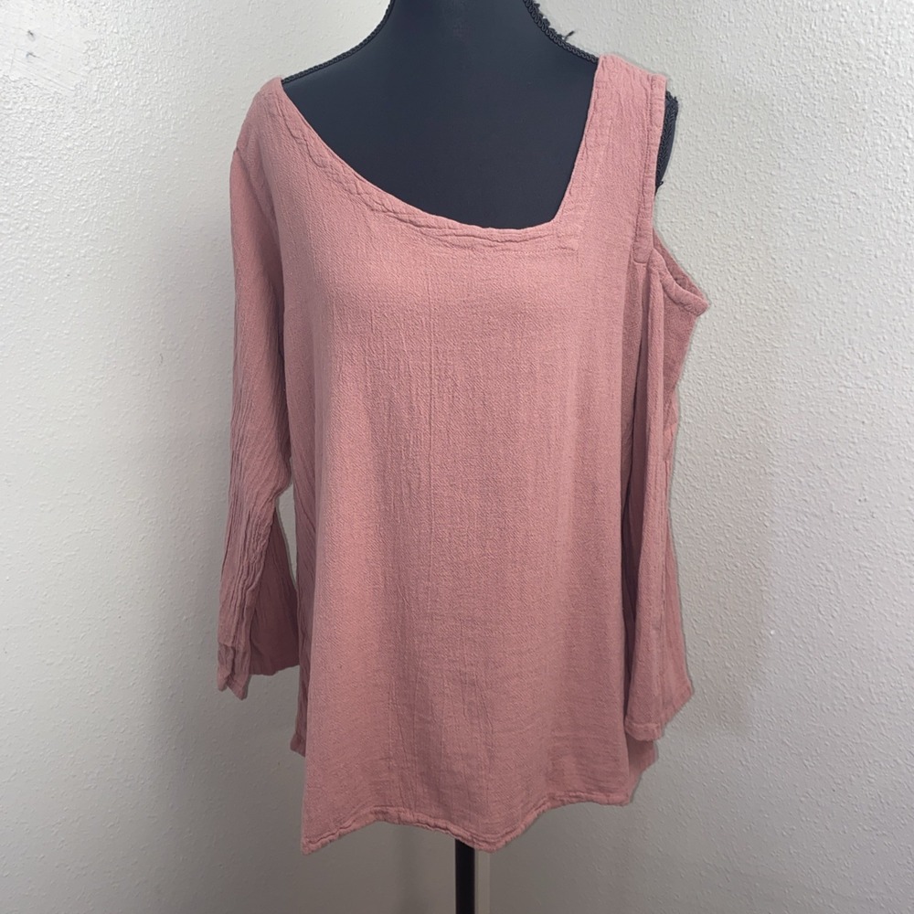 Oh My Gauze! Tunic Top Women's 1 Pink 3/4 Sleeve Cold Shoulder Lagenlook Slouchy